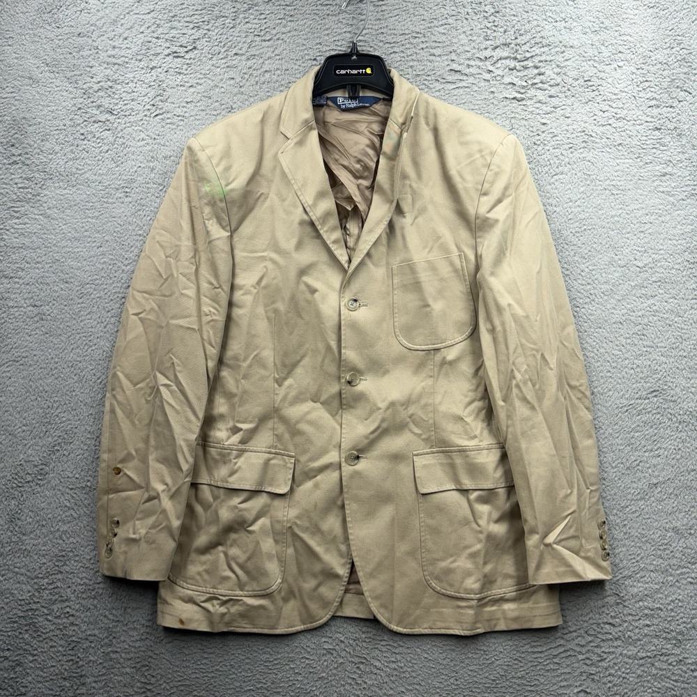 Vintage Polo Ralph Lauren Blazer Mens Large Beige Cotton Chore Sport Coat Jacket